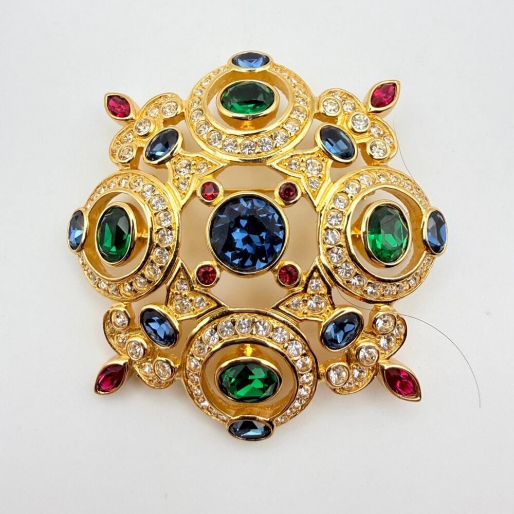 Christian Dior Vintage Byzantine Style Brooch Crystal Faux Sapphire Emerald Ruby